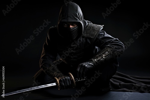 Elusive ninja poised in shadow with sharp katana blade. photo