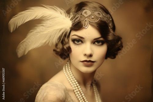 Flapper girl with pearls and headband in sepia-toned portrait. photo
