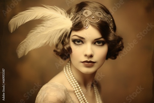 Flapper girl with pearls and headband in sepia-toned portrait.