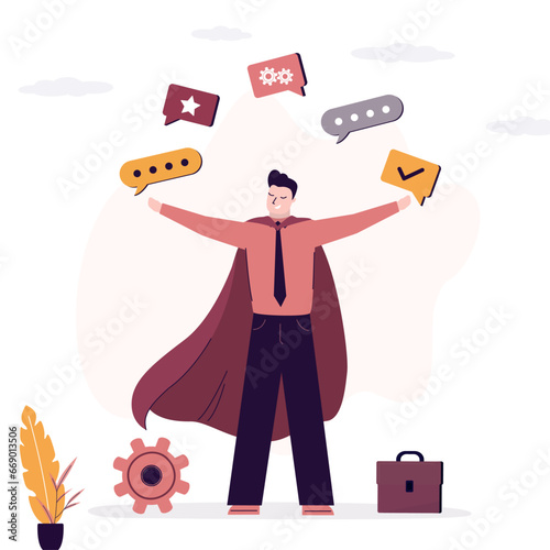 Confident negotiator juggles a speech bubbles. Responsibility, difficult negotiations. Business communication, speaker. Concept of verbal communication skills or abilities