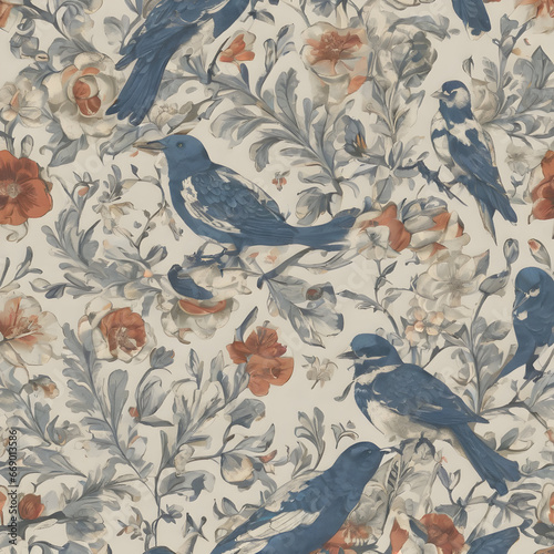 seamless pattern with flowers an bluebirds