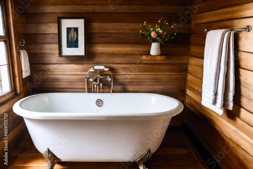 A cosy bathroom with white tiled walls and a vintage bathtub  surrounded by candles  flowers  and a plush bath mat.  Interior design