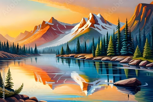 Illustrated landscape of mountains and lake © Muhammad