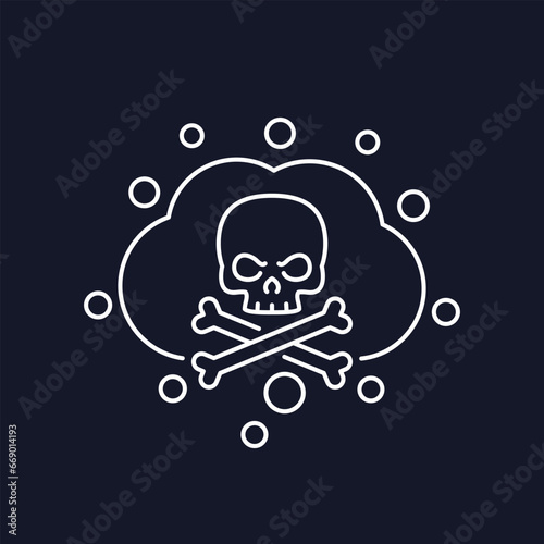 poisonous, toxic gas icon with skull and bones, line vector