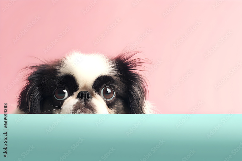 Creative animal concept. Japanese Chin dog puppy peeking over pastel bright background. advertisement, banner, card. copy text space. birthday party invite invitation