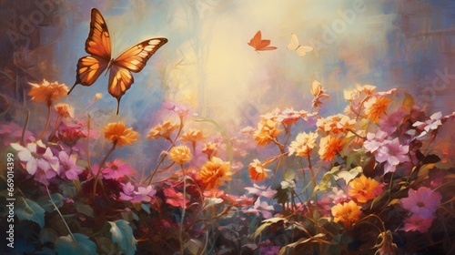 A sunlit garden scene with butterflies fluttering among the blooms, a dance of color and motion.