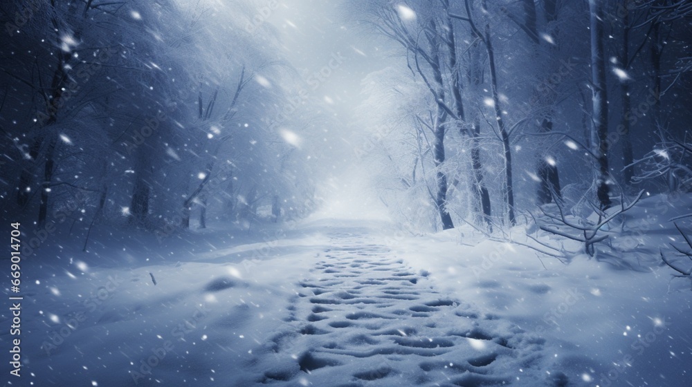 A trail of footprints winding through a fresh snowfall, leading to an unknown destination.