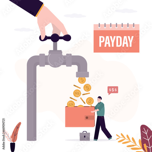 Income, financial concept. Businessman getting money flow from the tap. Happy male employee holds wallet and take profit or salary. Payday, payrolls