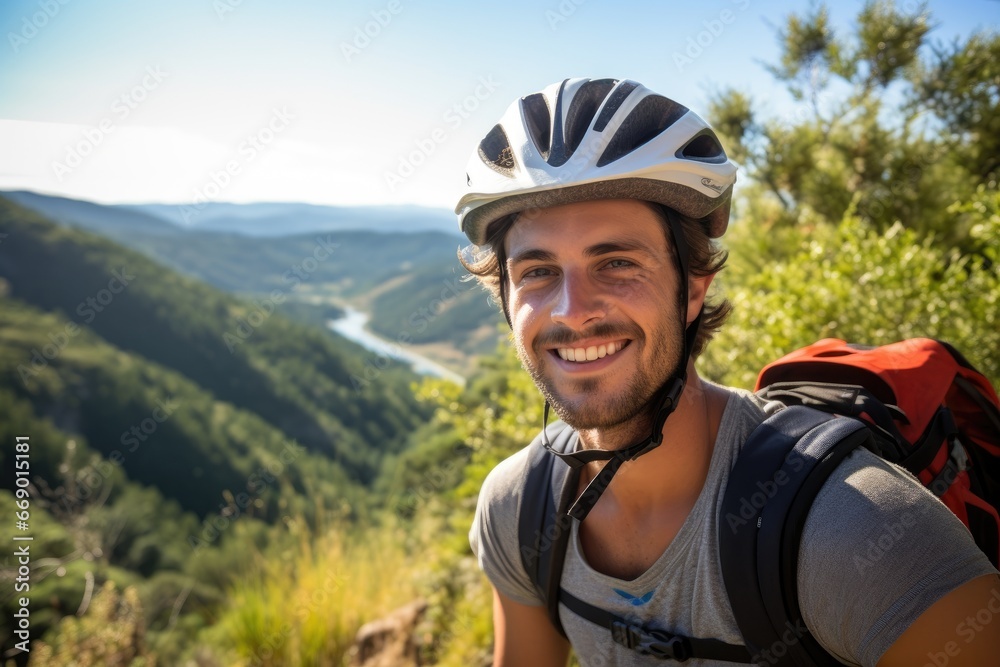 Happy young cyclist pausing to enjoy a scenic view from a mountain trail. Happy young cyclist pausing to enjoy a scenic view from a mountain trail.