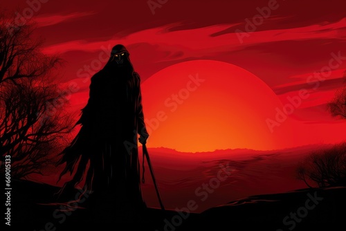 Grim Reaper silhouette against a crimson sunset