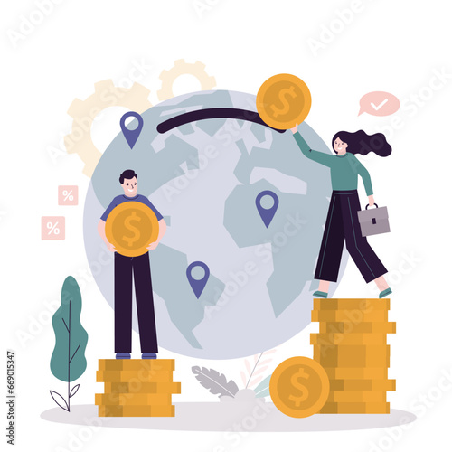 Global investment, economic and financial concept. Business people investors invests money in globe piggy bank or international companies and makes profit. Map with pointers.