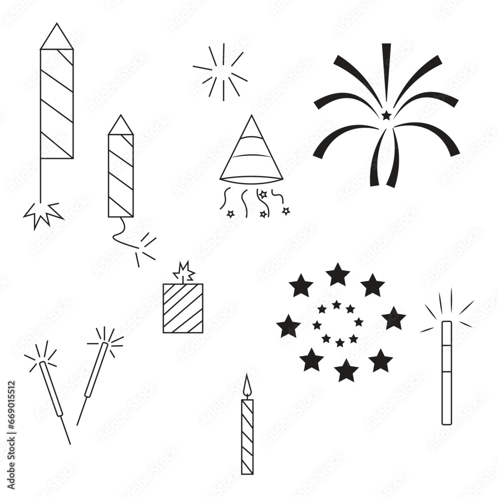 set of firework icons. Fireworks with stars and sparks isolated on white background.