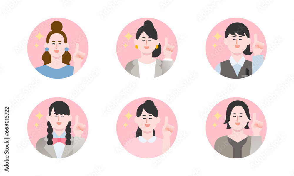指差ししながら笑う女性のイラストセット