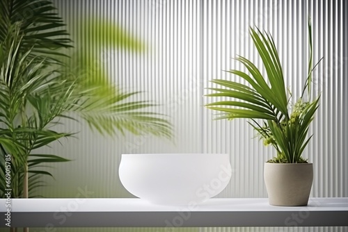 3D render empty blank white round products stand with clear mirror effect reeded glass shower screen and tropical green banana leafs plant. Natural beauty concept. generative ai. photo