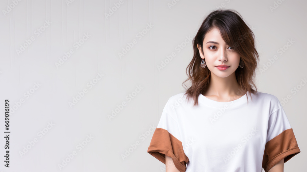 Asian woman wearing brown t-shirt isolated on gray background Asian woman wearing brown t-shirt isolated on gray background