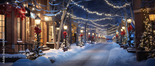 Snow-covered houses, Christmas decoration, Christmas night photography, Gnerative ai