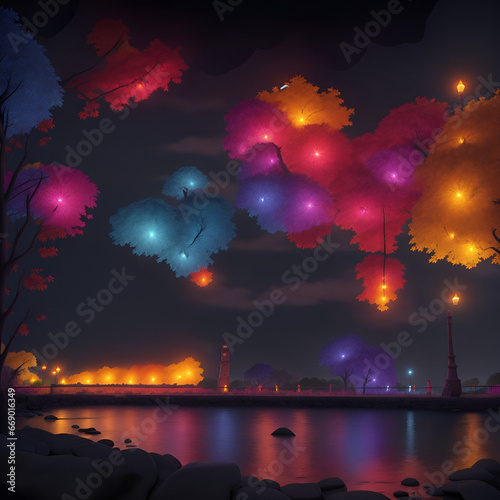 Illustration of Chinese lanterns in the city at night.