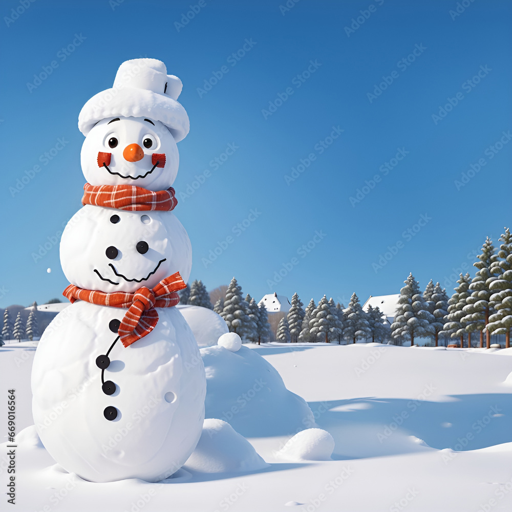 Obraz premium 3D rendered snowman in winter landscape with fir trees and blue sky