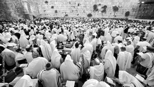 Jewish Men praying at western Wall, Kotel, in Jerusalem, Israel - Black and white Photography photo