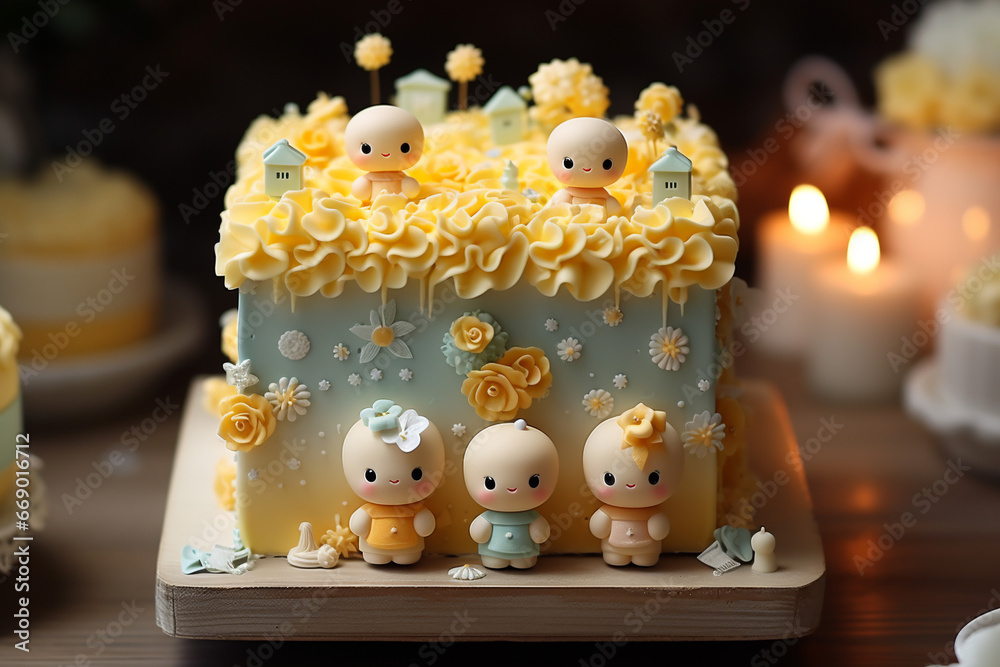 Fototapeta premium Charming Four-Layer Square Lemon Cake Adorned with Pastel Baby Figures, Perfect for Children's Parties, a Delightful and Beautiful Dessert Centerpiece
