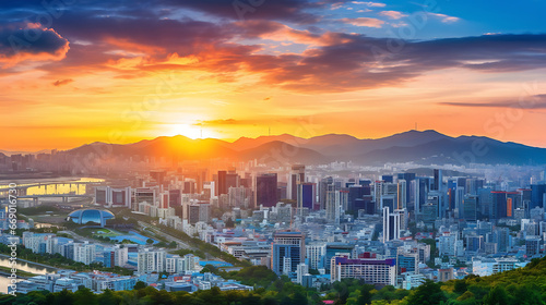 view of the city at sunset seoul, South Korea © Nopadol