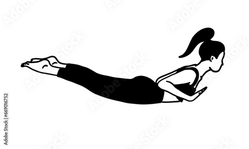 Training in yoga pose female character. Meditation, pilates, mental health. Female, lady, woman, girl. Vector illustration in cartoon flat style isolated on white background. Pilates, training, sport.