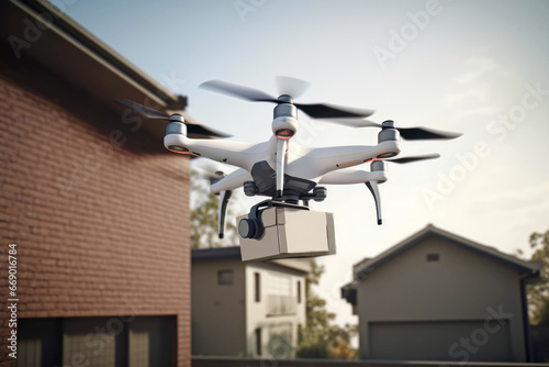 Drohne liefert Paket zu einem Wohnhaus