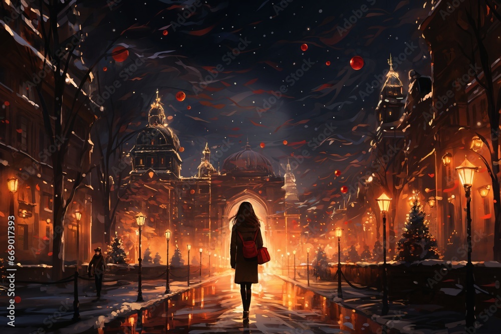 a girl walks down the city street on a rainy night, cafes and shops, street lights reflected in the wet pavement, random people, late autumn season