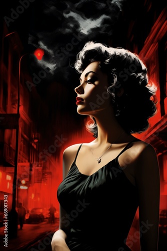 Portrait of a beautiful fashionable woman with a hairstyle, in a city street, at night. Illustration poster in the style of 1960