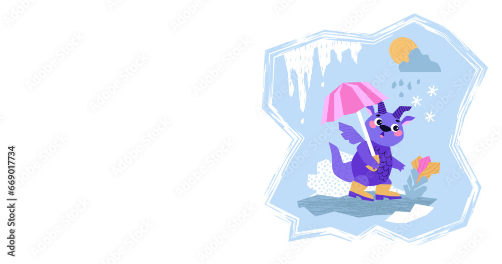 Cute Dragon cartoon mascot character. Happy New Year of the Dragon. The dragon hides from the rain under the umbrella and looks at the flowers. Vector