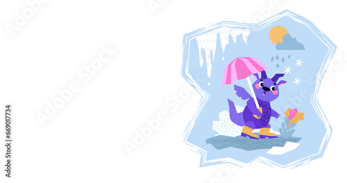Cute Dragon cartoon mascot character. Happy New Year of the Dragon. The dragon hides from the rain under the umbrella and looks at the flowers. Vector