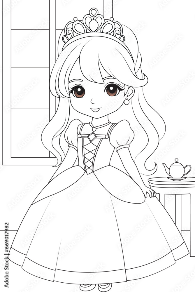Fototapeta premium Coloring page chibi princess in the room