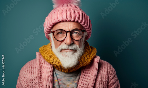 Friendly mature man with white beard wearing winter outfit with hat and scarf at studio photo