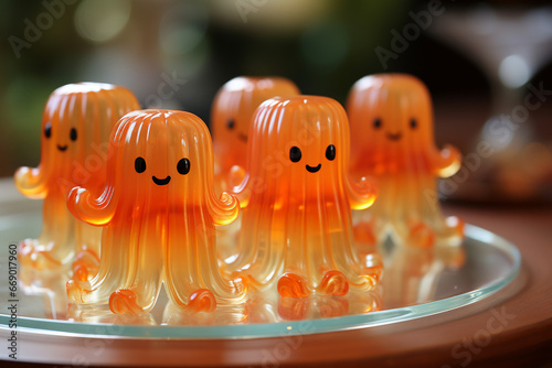 Adorable Ghost-Shaped Jelly Figures for Kids' Festive Halloween Dinner - Cute Halloween Dessert Characters with Playful Charm and Sweet Delights