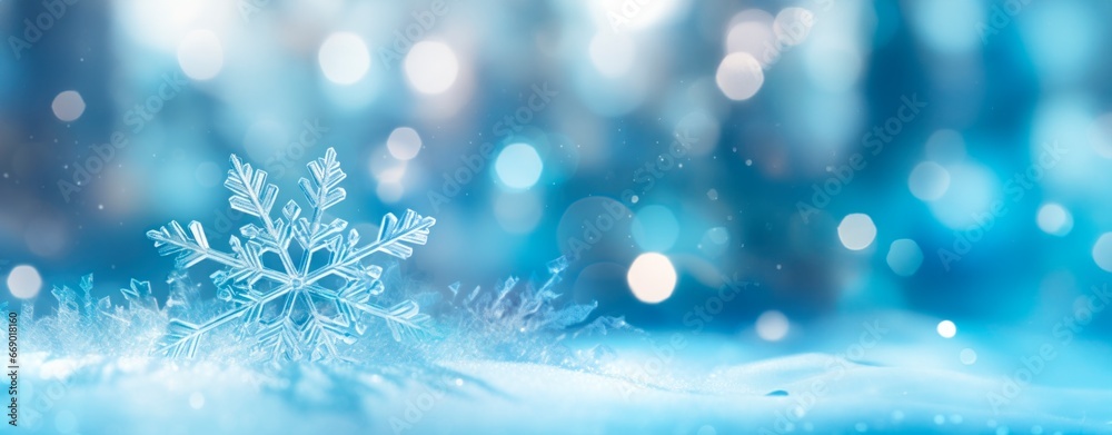 Blue winter christmas white snowflakes close up  background, christmas and winter concept, Banner or card. copy space for text