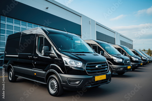 Black delivery vans in front of a warehouse. © visoot