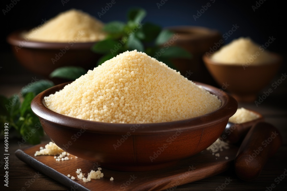 Couscous grain in wooden bowl. Couscous grain in wooden bowl.