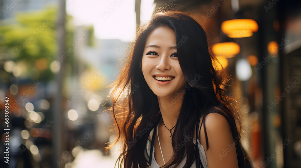 Obraz premium Close-up of a sexy Asian woman smiling happily.