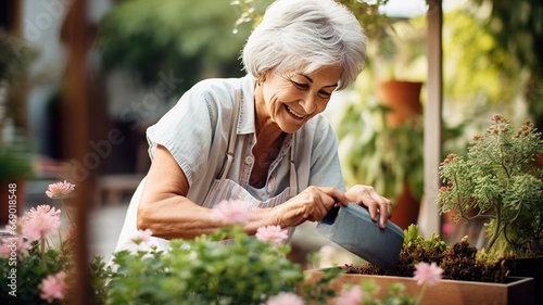 Happy smiling elderly senior woman with gardening tool working in garden in backyard. Senior Mature grey haired woman gardening on beautiful spring day