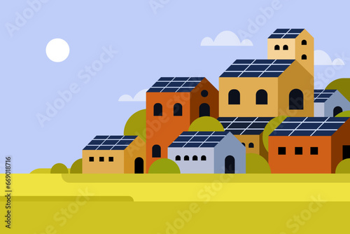 Illustration of eco friendly residential buildings with solar rooftops