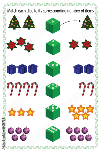 Match each dice to to its corresponding number of item. Illustration teach mathematics. Sheet training for children in mathematics. Learning to count