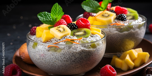 Healthy breakfast bowl with chia seed pudding and fresh fruits,Chia Seed Pudding with Colorful Fruits,Fresh Fruit Breakfast Delight