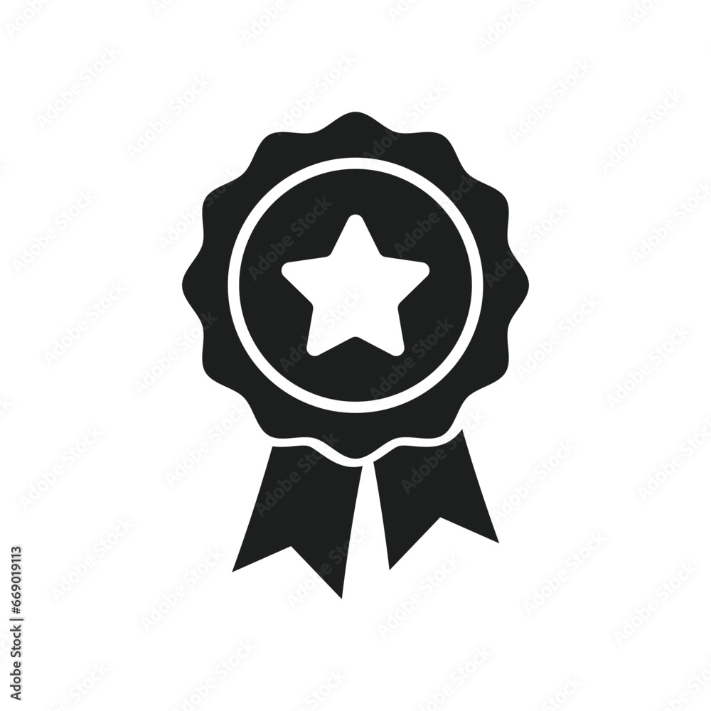 Isolated black champion ribbon badge, reward medal with star, prize award Isolated black champion ribbon badge, reward medal with star, prize award