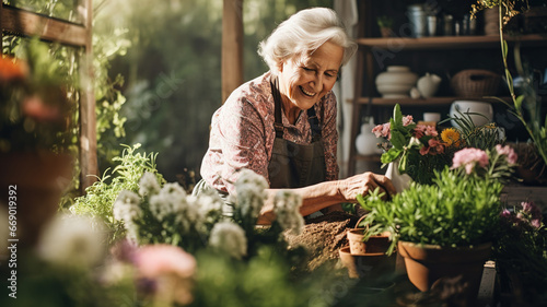 Happy smiling elderly senior woman with gardening tool working in garden in backyard. Senior Mature grey haired woman gardening on beautiful spring day