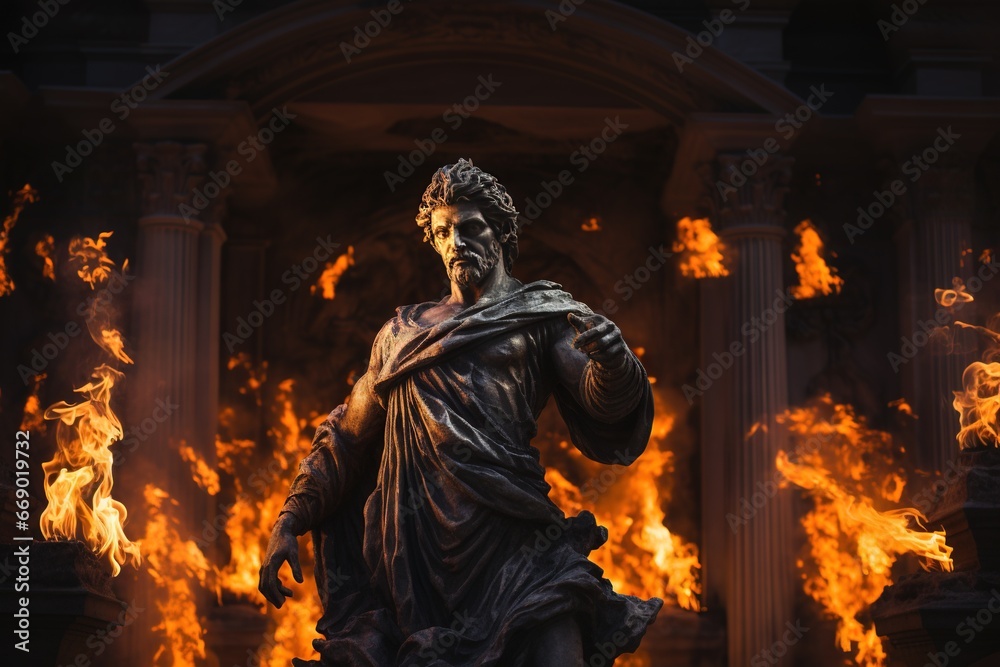 Sculpture stoïcienne représentant un personnage dans un environnement de feu. Grec ancien, romain. Stoïcisme. IA générative, IA