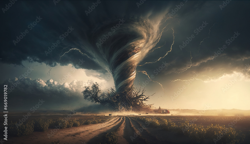 landscape tornado and Lightning storms destroy in plain - obrazy, fototapety, plakaty 