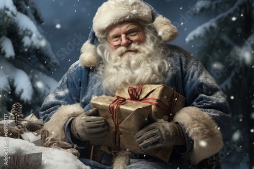 Portrait of a Santa Claus. A man wears a gray coat and hat for New Year's Eve. Blurred background of blowing snow.