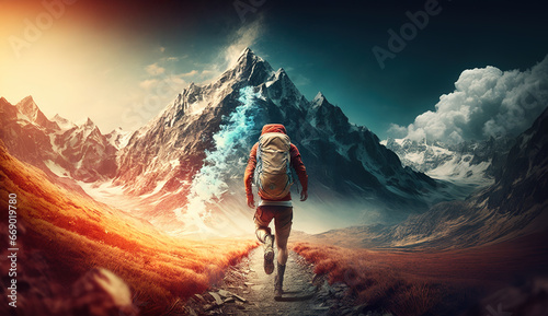 fantasy landscape man travel Sports Adventure Hiking mountain light beautiful