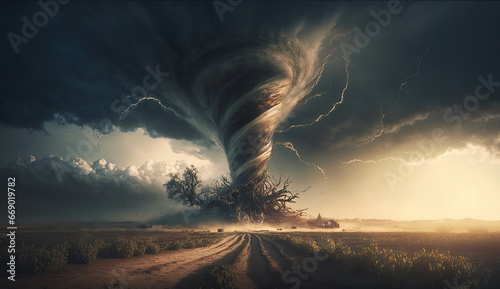 landscape tornado and Lightning storms destroy in plain photo