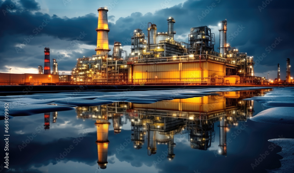 Modern illuminated refinery is visible at dusk, Lights from the buildings, Oil market prices continuously increasing, World Oil Industry concept.